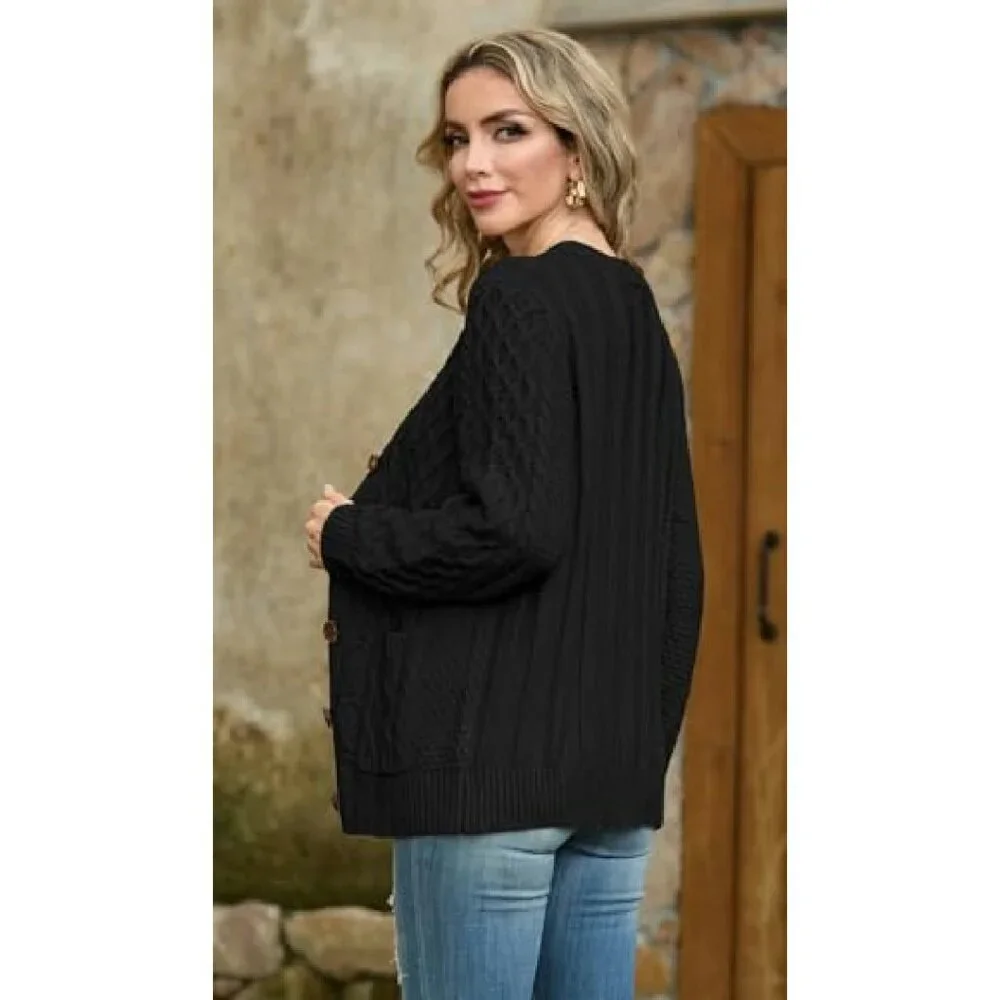 Long Sleeve Cable Knit Cardigan with Pockets, Loose Fit, 100% Acrylic - Picture 3 of 8